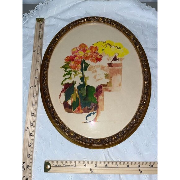Vintage Oval Floral Watercolor Flower Pots on Steps In Ornate Gold Frame - Picture 11 of 12